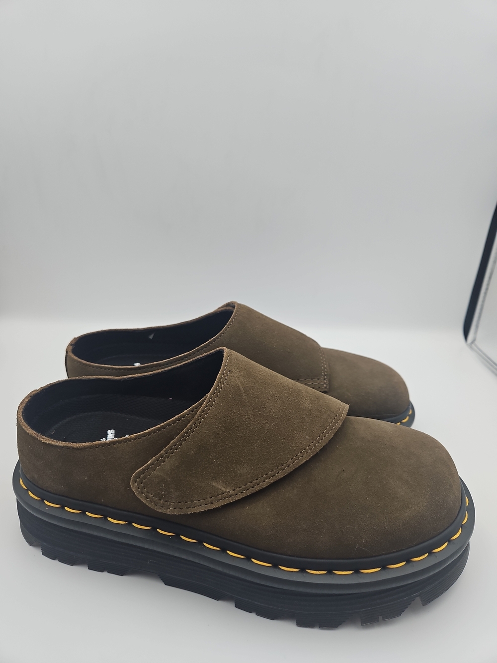 Dr. Martens Olive Brown Suede Platform Clog Mules - Picture 4 of 8